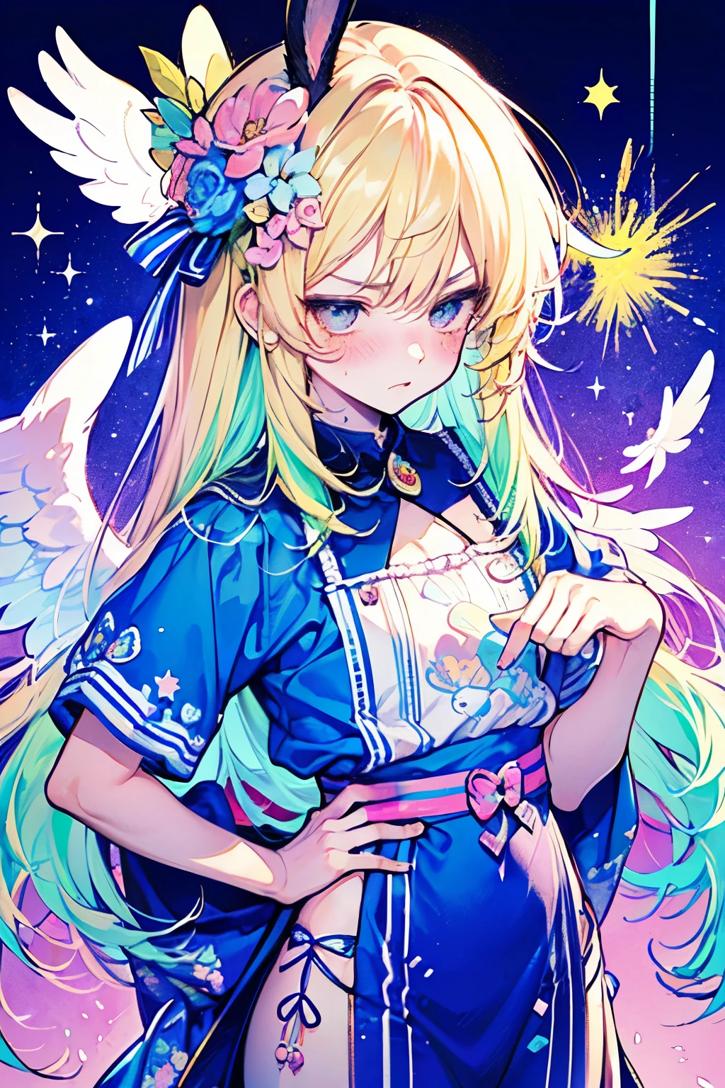 chibi character,Rabbit motif,(brush),((cute,kawaii,wonderland)),((pastel color)),((Cute assortment)),(Embarrassed blushing face),Shiny yellow hair,(Rainbow),((Angel:1.2)),((With both hands on her hips, she sulks.:1.25)),Top view