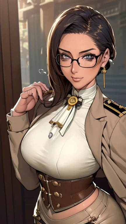 {{{nsfw:1.5}}},{bare breasts}}},{{{selfie:1.4}}},(masterpiece:1.3), (disorganized:1.3), (highest quality:1.3),(perfect anatomy),detailed face,Steam punk, victorian era,Hong kong,horizontal angle,hands,(looking at viewer), (Super detailed:1.3),(best shadow:0.7), solo,1 middle aged woman,saggy small breast,(treated hair), pulledback hair,fine eyes, beautiful eyes, 1 middle aged woman, ((saggy breast)),army officer,alone, standing, crystal earrings,closed_mouth, arm_behind_return, (army uniform,insignia,pencil skirt,tie,underrim glasses), rest outdoors, intimidating pose,cowboy shot