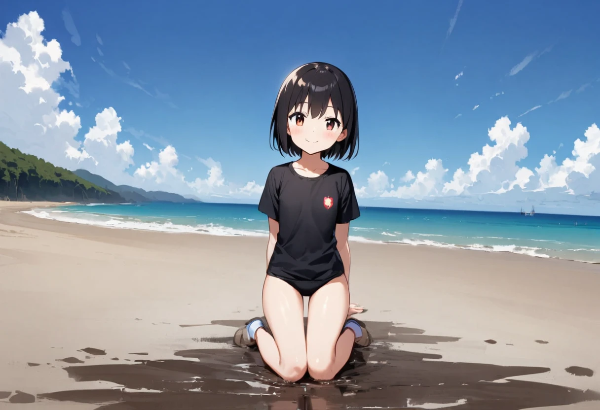 head shot、One person、tideland、blue sky、Black T-shirt、Black Swimsuit、Short black hair、Thighs、Girl、Girl、Short、Younger、Lower school year、Baby Face、Both eyes open、flat chest、refreshing、smile、Innocence、Dynamic Angle、Beach、My feet are covered in mud、There's a little bit of mud on my face、sunlight、masterpiece、best quality、ultra-detail、Seaside、Sandy Beach、Sweat、event
