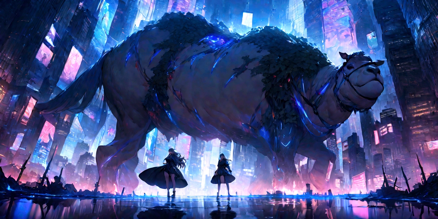 ((masterpiece, Highest quality, Best image quality, High resolution)) Giant Camelの悪魔、Giant Camel、One woman、Glowing blue eyes and advanced cybernetic enhancements. Seen in dynamic action poses, reflection on a smooth surface. The cityscape below is filled with towering skyscrapers., illuminated by colorful holographic advertisements, Shining with blue energy, Mighty power. The overall atmosphere is dark and mysterious., It had a futuristic techno vibe.. The lighting is dramatic, Intense highlights and deep shadows, Creates depth and tension. Color Palette