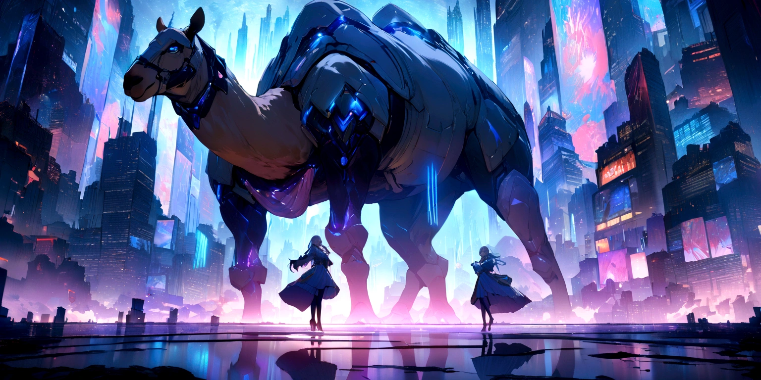 ((masterpiece, Highest quality, Best image quality, High resolution)) Giant Camelの悪魔、Giant Camel、One woman、Glowing blue eyes and advanced cybernetic enhancements. Seen in dynamic action poses, reflection on a smooth surface. The cityscape below is filled with towering skyscrapers., illuminated by colorful holographic advertisements, Shining with blue energy, Mighty power. The overall atmosphere is dark and mysterious., It had a futuristic techno vibe.. The lighting is dramatic, Intense highlights and deep shadows, Creates depth and tension. Color Palette