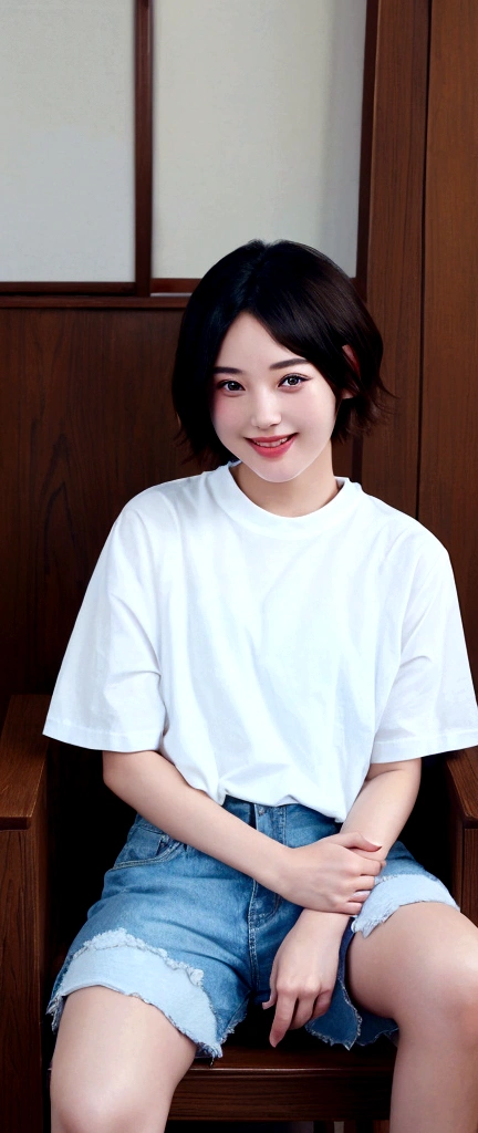 Highest quality、perfection、Beautiful woman、young、20-year-old、short hair、T-Shirts、Shorts、summer、smile、living room、Sit on a chair、Asahi、Bright atmosphere、cheerful personality、Beautiful scenery、Famous actress、model、Small face、Big round eyes、Small Mouth、Photo of your face、Japanese