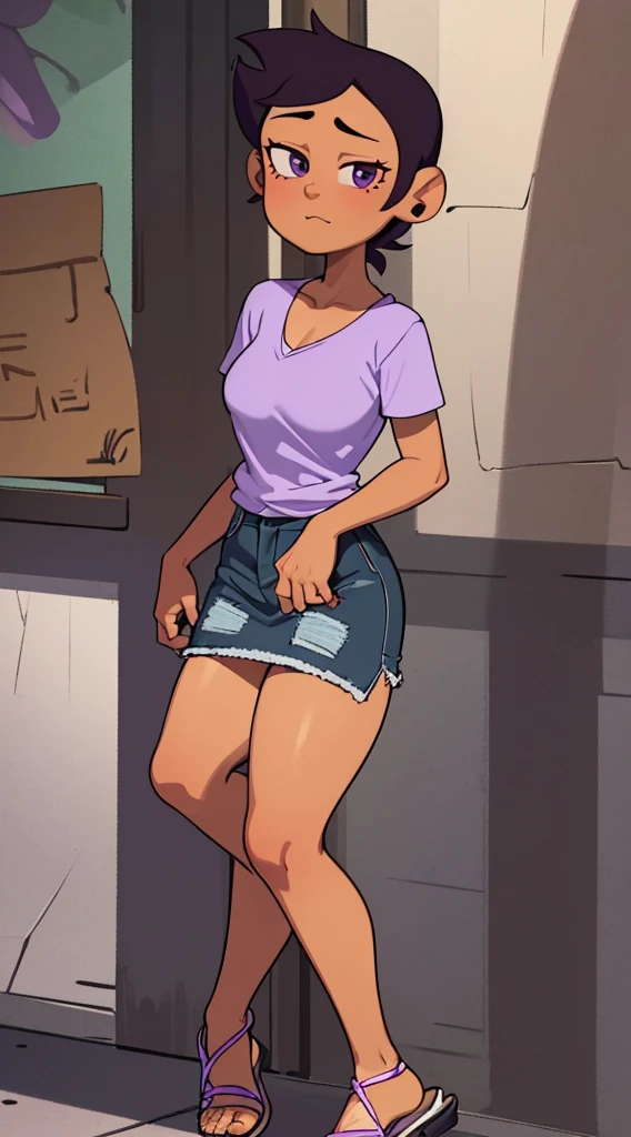 Luz Noceda, massive breasts, cleavage, ((purple and white small shirt and a black stripped miniskirt)), high quality fanart, open legs Style, official fanart, , official art, (nsfw), barefoot, ((open-toe wedge heels))