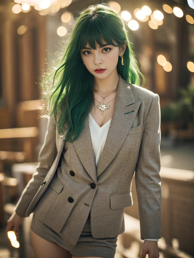 russian girl, fullbody, necklace, jewelry, green hair, red eyeliner, brown eyes, bangs, sexy pose, best quality, masterpiece, wearing suit, an extremely delicate and beautiful, CG, unity, 8k wallpaper, Amazing, finely detail, masterpiece, official art, extremely detailed CG unity 8k wallpaper, incredibly absurdres, huge filesize, ultra-detailed, highres, extremely detailed, beautiful detailed girl, realistic, full frontal, light contrast, completely legs