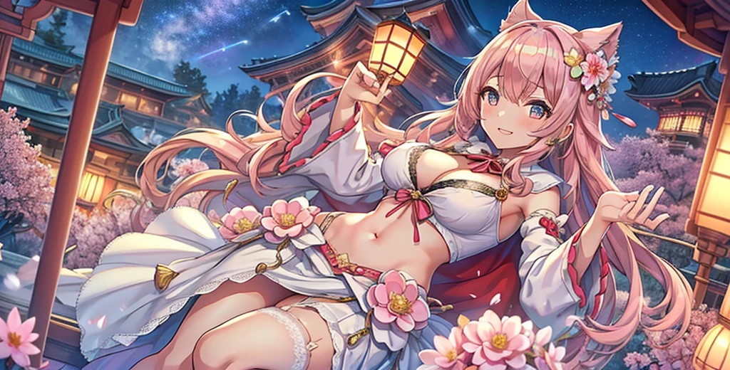 Masterpiece、Highest quality、Super detailed、1 girl、Light pink hair、Fluffy and soft long hair、Starry eyes、Big Tits、Cleavage、Too big breasts、Shrine maiden、shrine、Wide open chest、Mysterious Lights、Night Sky、smile、Lace cape、Earrings、garter belt、Belly button