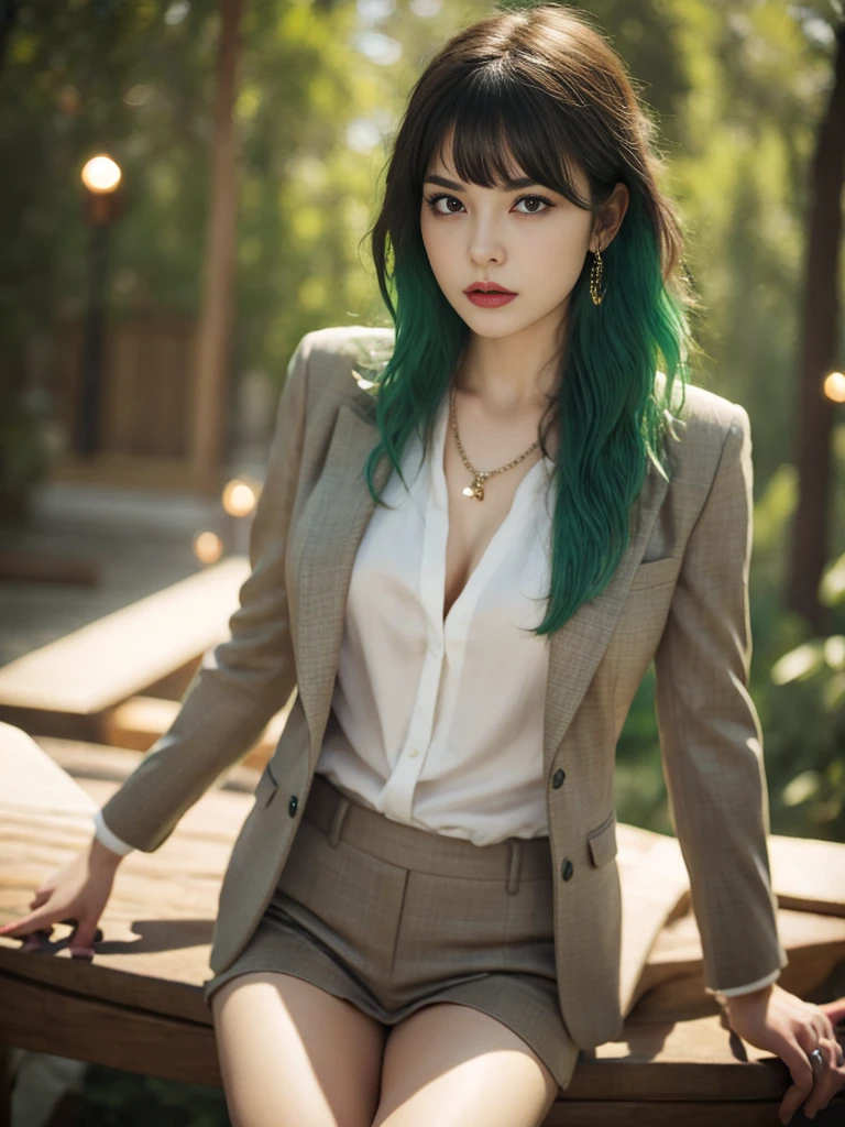 russian girl, fullbody, necklace, jewelry, green hair, red eyeliner, brown eyes, bangs, sexy pose, best quality, masterpiece, wearing suit, an extremely delicate and beautiful, CG, unity, 8k wallpaper, Amazing, finely detail, masterpiece, official art, extremely detailed CG unity 8k wallpaper, incredibly absurdres, huge filesize, ultra-detailed, highres, extremely detailed, beautiful detailed girl, realistic, full frontal, light contrast, completely legs