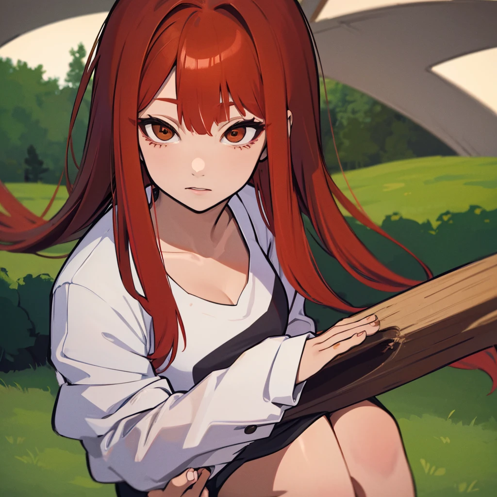 21-years old woman, red hair combed to the left side, brown eyes