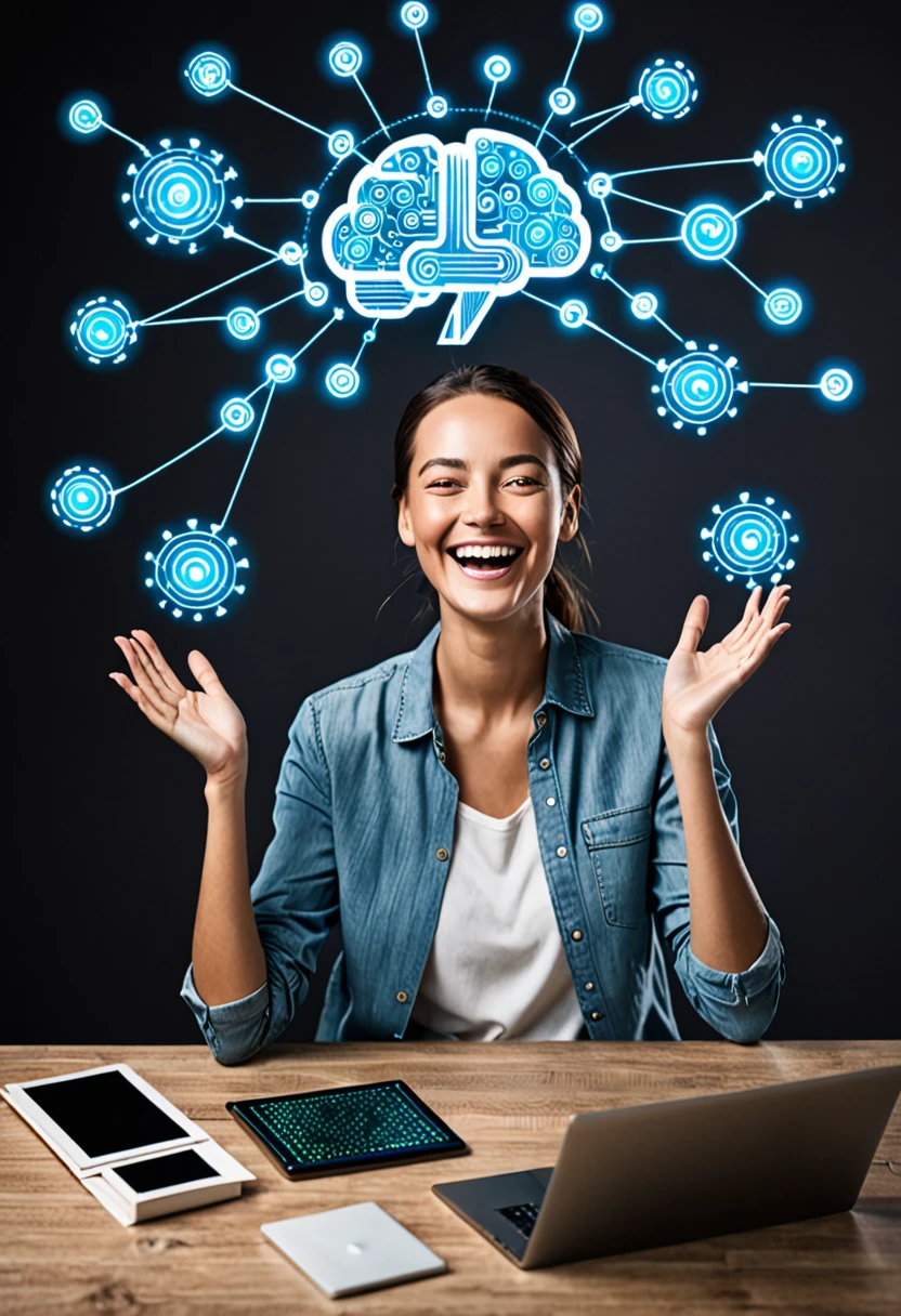 Photograph of a happy person mastering artificial intelligence and earning money
