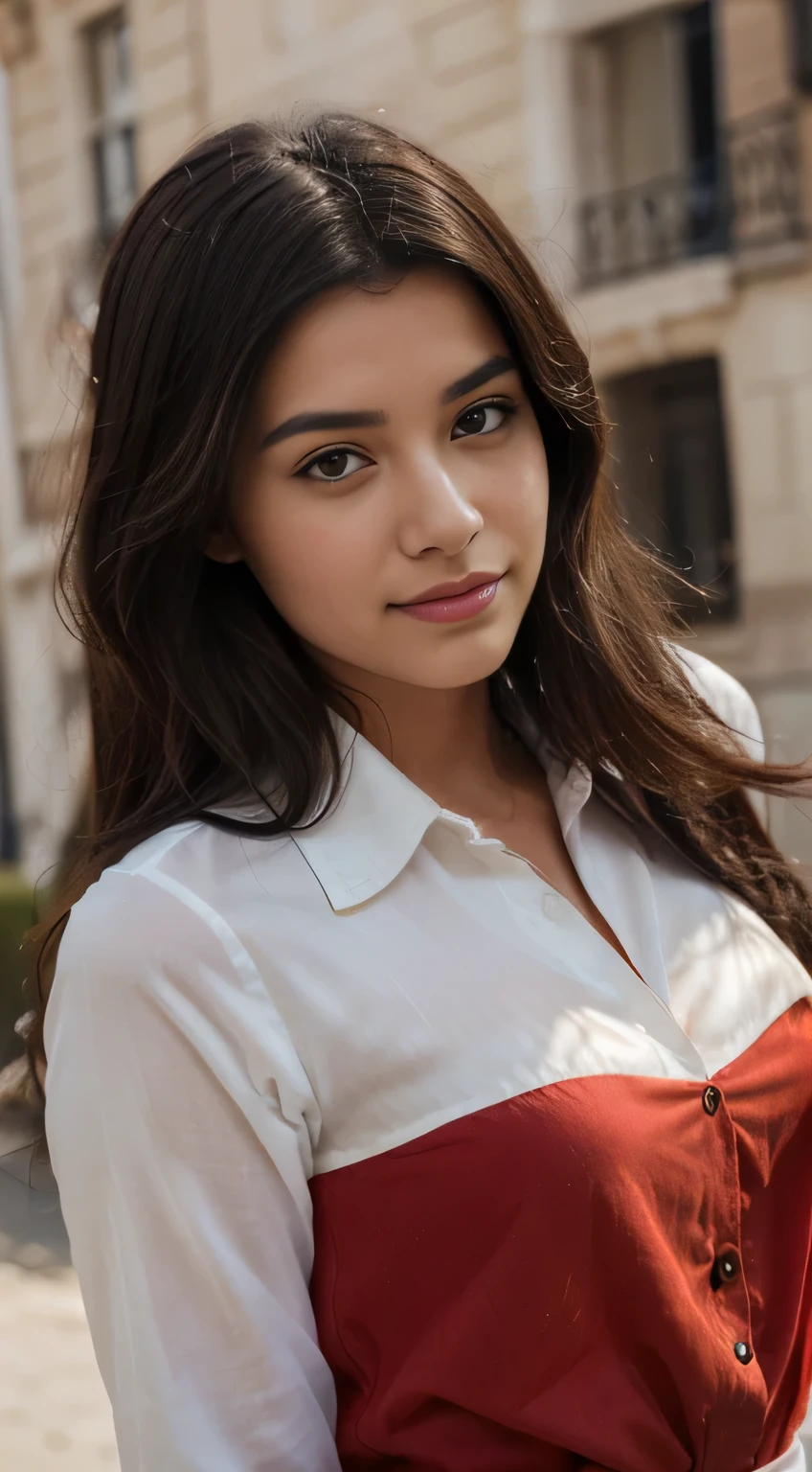 Princesse Pocahontas . Brune Amérindienne. Is a gamerr . Style realiste. Image détaillée.Create an image of a 22-year-old woman with fair skin, straight black hair, brown eyes, and a friendly expression. She is wearing a red blouse.