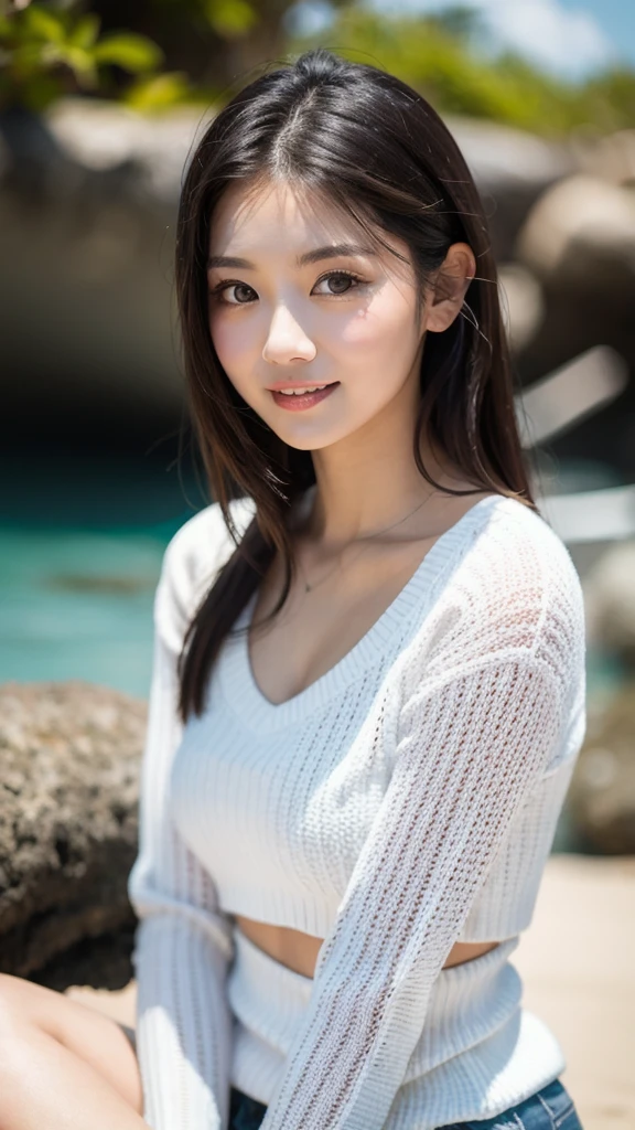 Unbelievably beautiful woman, 15 years old, Neat face, a baby face, Happy face, Wet and sheer uniform,pony tail hair, (Best Quality, 8K, masutepiece :1.3), Lovely smile, emotional, (gleaming skin, Shiny hair:1.4), masutepiece, Best Quality, (Ultra-detailed), the beach、full bodyesbian