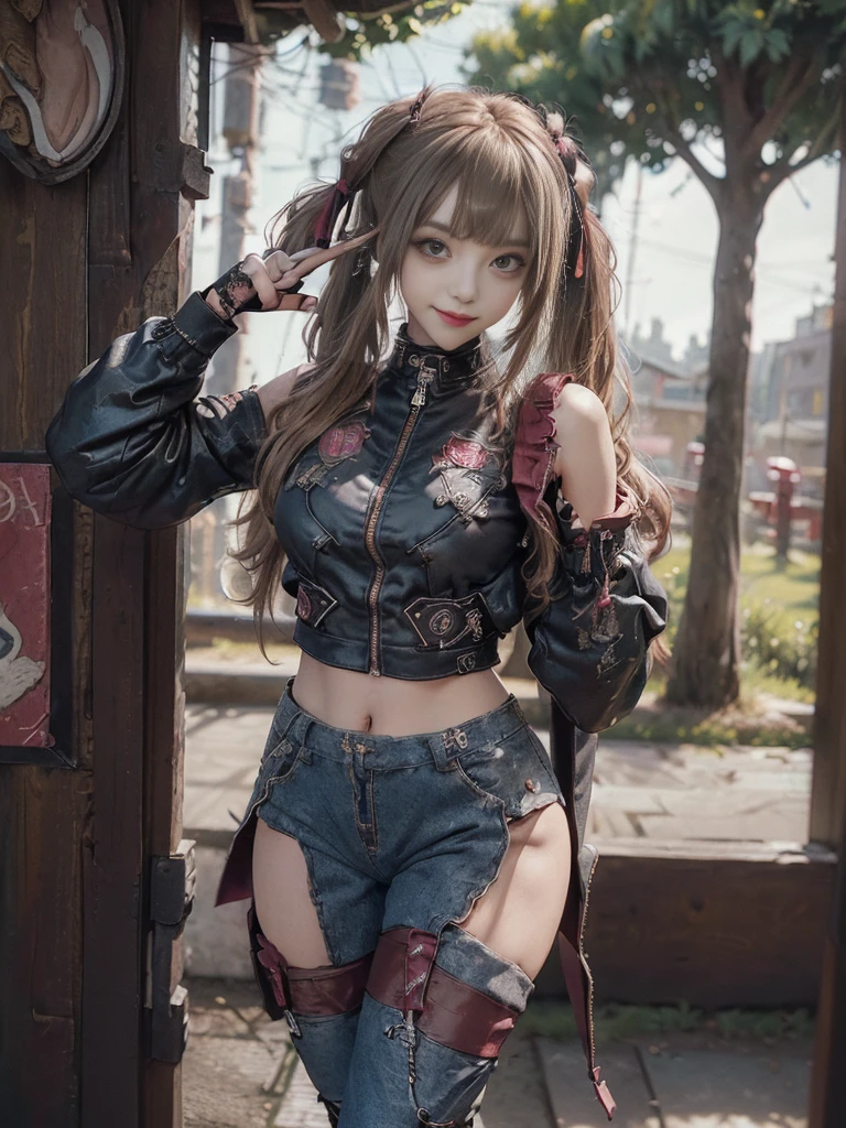 (Full body:1.4)、(Full Body View:1.4)、(Side view:1.1)、(Smiling with teeth showing:1.3),(Shibuya Gal:1.5)、(Beautiful girl idol squad heroine:1.5)、(Punk RockVisual Kei:1.4)、(Burgundy denim with khaki and brown medieval tattered zip up:1.5)、(Wine red arm covers and tattered bugle pants:1.5)、(Wine red high heels:1.3)、(Wearing silver accessories:1.5)、(Dark brown collar:1.4)、(Leather garter belt:1.4)、(Red skin belt:1.3)、(Red lace underwear:1.5)、20-year-old、NSFW、((Highest quality、In 8K、masterpiece:1.3))、Sharp focus:1.2、(Layered Cut、Huge boobs:1.1),Beautiful woman with perfect figure:1.4、(Doing an aerobics pose:1.3)、Slender Abs:1.2、Highly detailed face and skin texture、Detailed eyes、double eyelid,(Twin tails:1.3)、(Brown-golden hair:1.3)、Gravure idol、(A fairytale-like cafe with a lush tree background:1.3)、(Slim body:1.3),(Make your legs thinner:1.4),(Thin, thin thighs:1.3)、(clavicle:1.1)