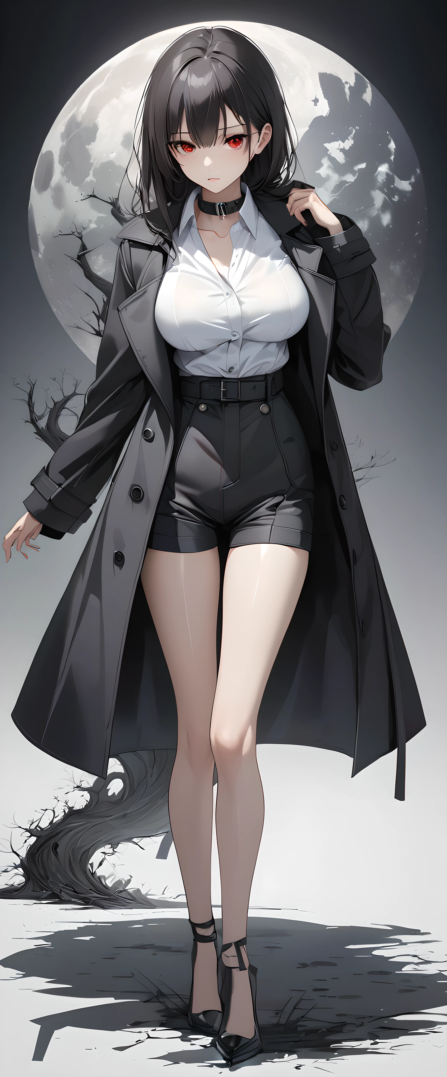 theme:Black trench coat, 
Professional spray work,  Detailed and intricate brushwork, Detailed and clear depiction, Anatomically correct, Absurd aesthetics, Minimalism, Clear, crisp art, perfection, 
BREAK A woman in a white blouse and shorts, one person, wide open collar, Strict and tight pants style, Put on a men&#39;s trench coat,
BREAK Emphasizing loneliness, Clear and vivid, Attractive Black Trench Coat, A bold and powerful composition, 
BREAK Detailed and complex texture, Luxurious wool texture, very fine-grained, ((Shallow shorts above the crotch)), 
BREAK Height:170cm, body weight:49㎏, breasts 82cm, waist 59cm, hip 84cm, vital statistics, 
BREAK Facial expressions drawn by a professional illustrator, Sharp thin lines, 
Seductive red eyes, Strong and fleeting, (Aesthetic and transparent:1.5), (Glossy feel:1.5), 
BREAK Close the collar with your own hands, Lonely and aesthetic woman, Fresh and firm skin, stylish, cool, Put on a men&#39;s trench coat, 
BREAK Chilly Early Morning, The moon is still out, Wabi-sabi back alleys, dramatic, 
BREAK Strong vigilance, Be cautious of your surroundings, nervous, Keeping an eye on your surroundings, 
BREAK A dark background that makes the subject stand out, 
BREAK A woman straightening the collar of her aesthetic coat, Dramatic cinema lighting, 
(Dynamic wide full body shot:1.2, ankle in of frame), 
BREAK Highest Quality Rendering, Highest quality, Highest Resolution, 