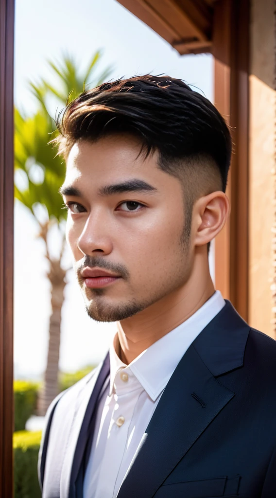 (realistically, Masterpiece, High resolution 8K, good light quality, Portrait, closed on face, complicated details), Handsome Korean Uncle, Beard,Age 40, Staring at desire, detailed face, Detailed eyes, look at the sky, shirt, suit lac suit,tick,黑Eyes, (Pale skin), body standards,brown hair, smooth hair,Big Back, Outdoor activities, evening, sunset,office room, Exaggerated, impersonal