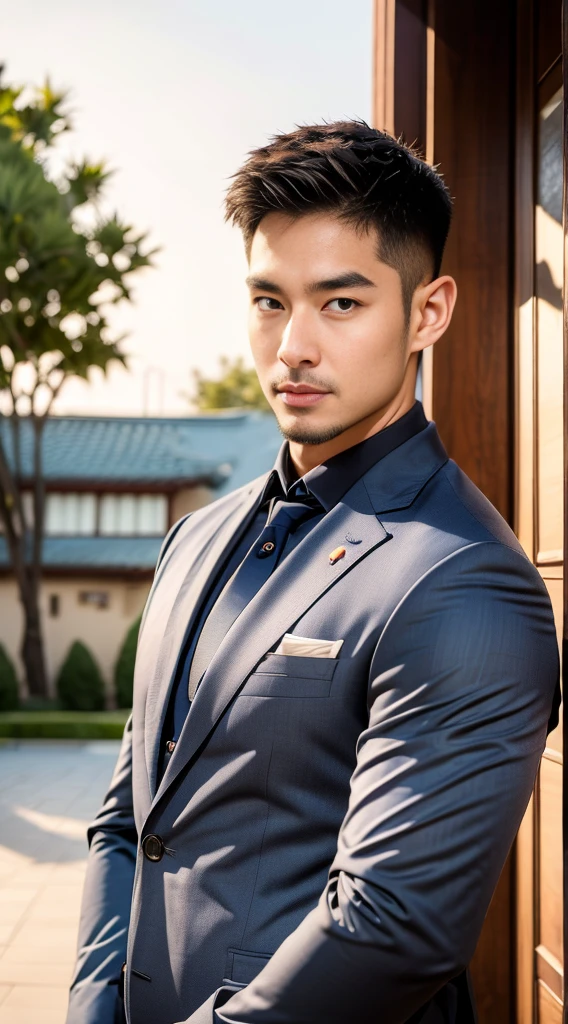 (realistically, Masterpiece, High resolution 8K, good light quality, Portrait, closed on face, complicated details), Handsome Korean Uncle, Beard，Age 40, Staring at desire, detailed face, Detailed eyes, look at the sky, shirt, suit lac suit，tick,黑Eyes, (Pale skin), body standards,brown hair, smooth hair,Big Back， Outdoor activities, evening, sunset,office room, Exaggerated, impersonal