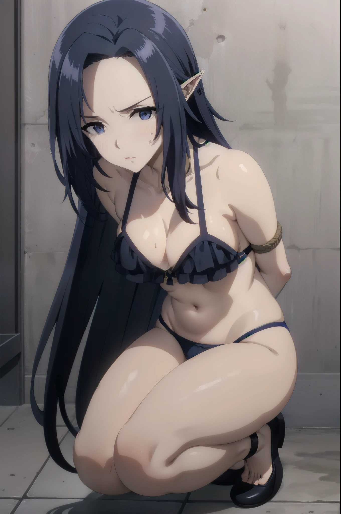 1girl, solo, suspension, down, rope, 1girl, bodysuit, bound arms, indoors, leotard, bdsm, shibari, arms behind back, restrained, navel, leaning forward, feet,dark blue hair,,long hair,blue eyes,pointy ears,elf(((skin exposure,bikini))),((intenseglare, disgust, shaded_face, shadow_over_eyes, glaring, looking down at the viewer))