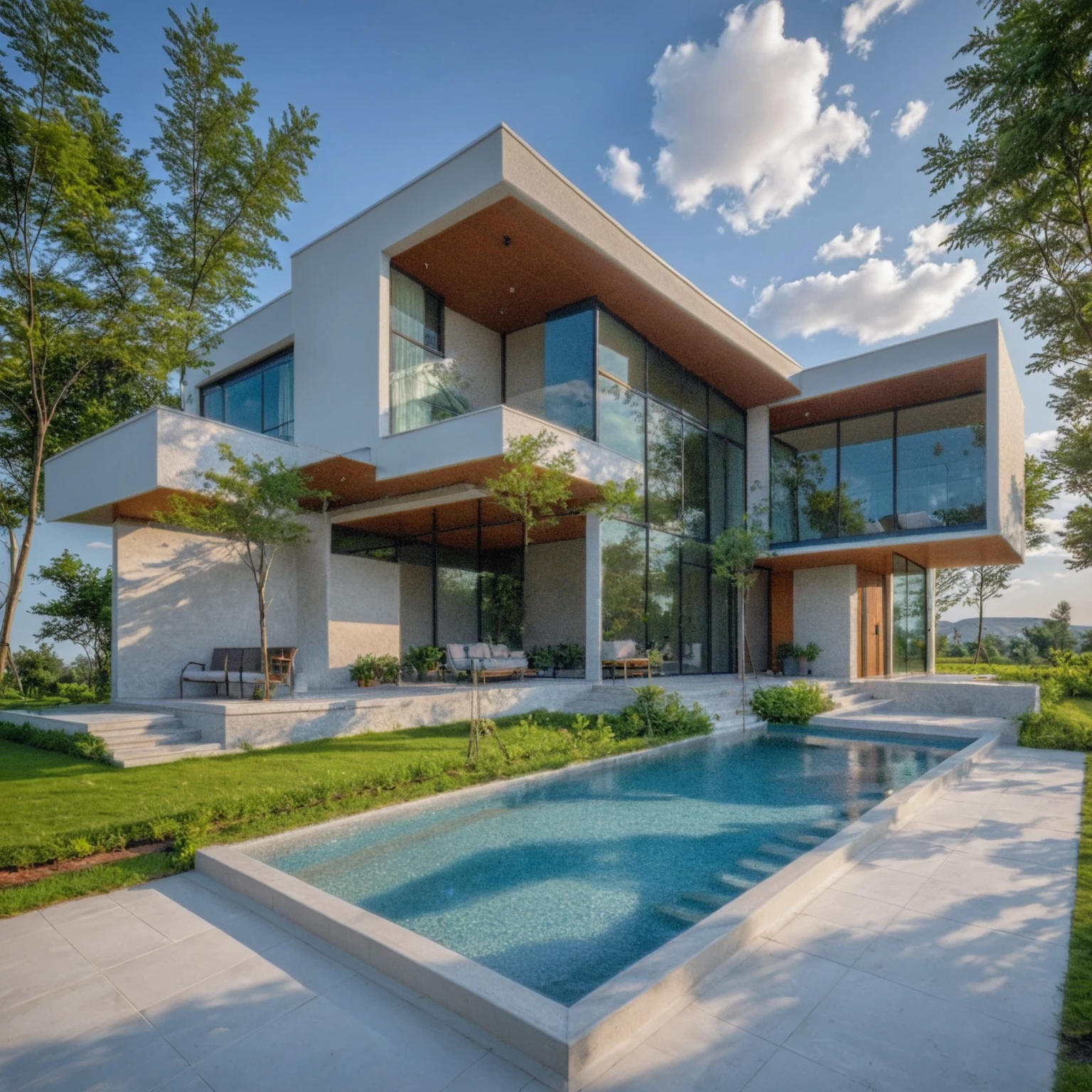 Masterpiece, 4k pixcel, high quality, best quality, authentic, super detail, outdoors, onestoreyvillaXL, aiaigroup, villa style moden on the garden ,stairs, white wall ,road,pavement, grass, trees, sky, cloud, (daylight:1.1) swimming pool