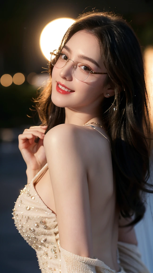 (Canon RF85mm f/1.2), (8K, original photo, best quality), (masterpiece), (Practical, photograph Practical), Beautiful and delicate girl, whole body, ((Black pantyhose:1.3)),shirt,tie,dress,dress conservatively,((Perfect body)), Very detailed eyes and face, White skin, Noble and beautiful, ((Delicate skin texture, Pores)), Perfect anatomical structure, Beautiful Body, Delicate face, Lean abdominal muscles, Slim waist), Big Ass, (Large Breasts, Breast enlargement), (Soulful gaze, soulful eyes, Glowing eyes), (Beautiful clear eyes), (Bounce Curly Messy Long Hair), (Smile:1.2), (Fascinated expression), (Beautiful appearance), ((Cardigan,Wedding dress)), ((Tight Fit)), ((Bud)), ((wear glasses)), earrings, necklace, ((night)), ((Street View, moonlight)), Physically Based Rendering, Realistic lighting, ((Looking at the audience)), ((eternal)), ((Happy and shy))