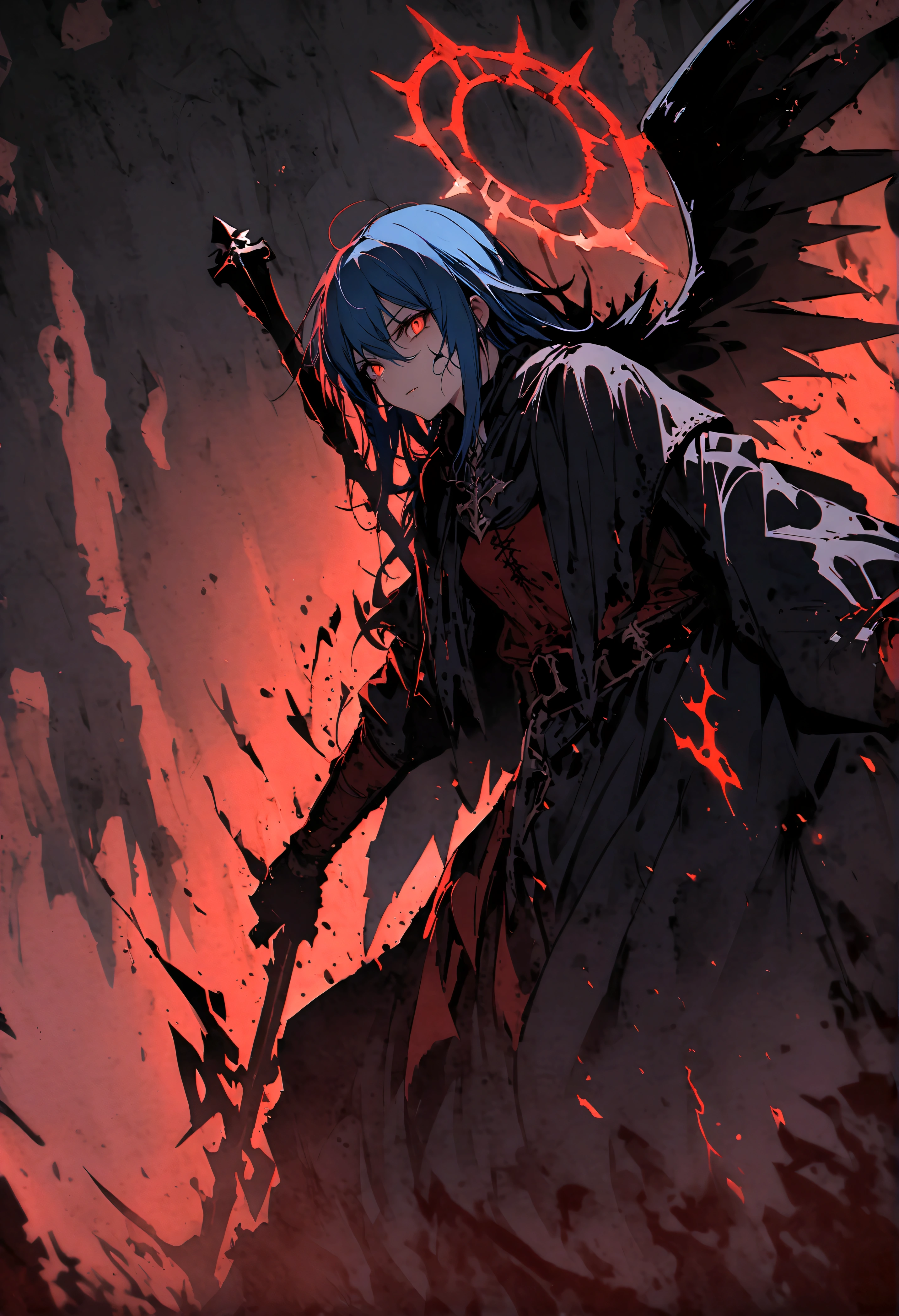 (dark,menacing:1.2),evil dark angel, (long blue hair:1.1), (red halo:1.1), (flaming sword:1.1) shaped like a cross, (dark fantasy:1.2), (red eyes:1.1), (black wings:1.1), (sinister aura:1.1), eerie atmosphere, (ominous shadows:1.1), (mysterious background:1.1), (intense lighting:1.1), (dramatic pose:1.1), medieval, soaked in blood, gore, horror