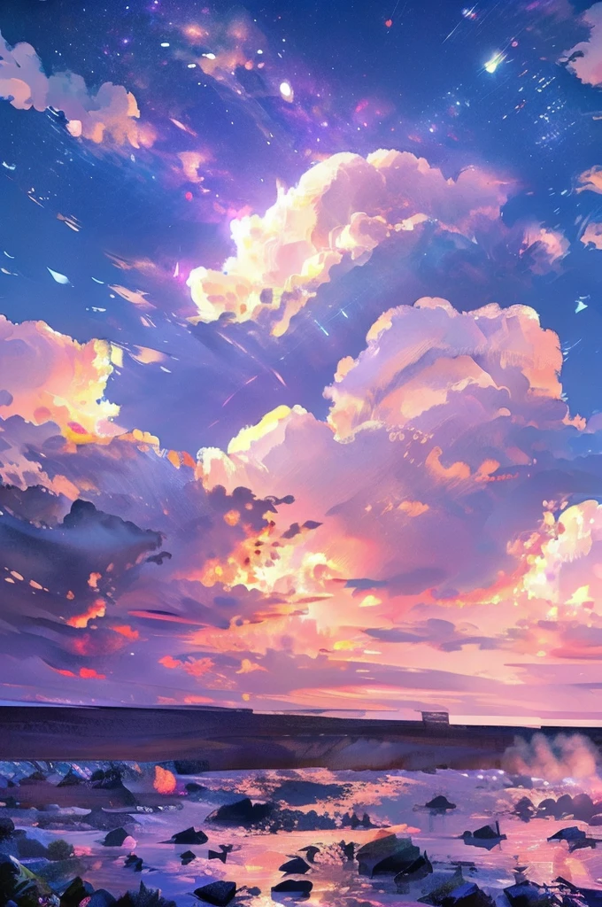 a night sky with purple clouds, bright stars, and supernovas, cinematic, dramatic lighting, hyperrealistic, 8k, highly detailed, realistic, vivid colors, volumetric lighting, glowing stars, nebulae, cinematic composition, awe-inspiring, photorealistic, award-winning, stunning, intricate details, breathtaking, dramatic, masterpiece, epic, conceptual art style