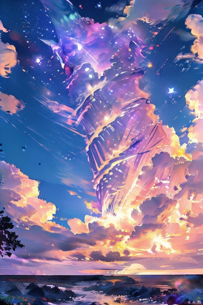a night sky with purple clouds, bright stars, and supernovas, cinematic, dramatic lighting, hyperrealistic, 8k, highly detailed, realistic, vivid colors, volumetric lighting, glowing stars, nebulae, cinematic composition, awe-inspiring, photorealistic, award-winning, stunning, intricate details, breathtaking, dramatic, masterpiece, epic, conceptual art style