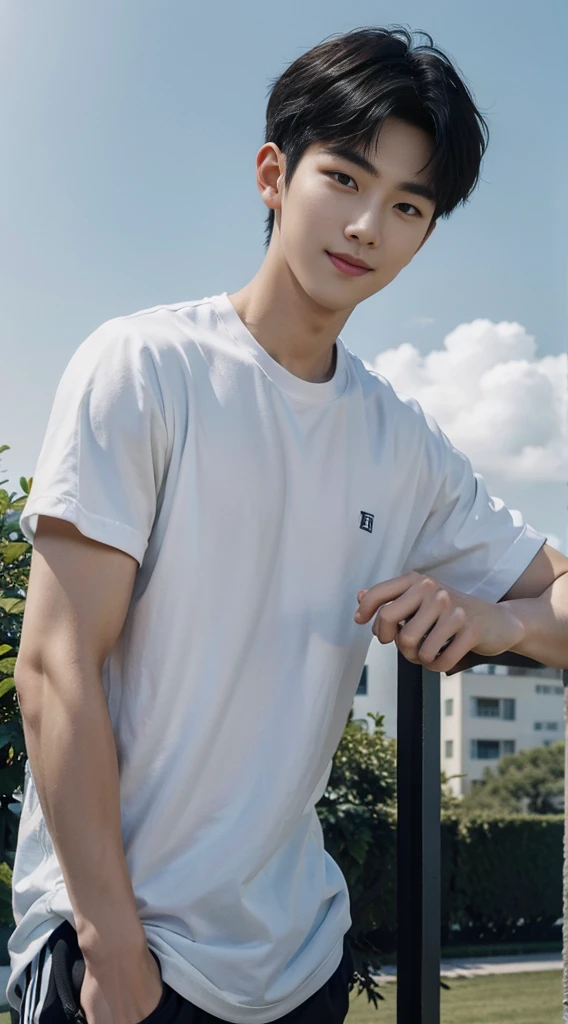 (As a matter of fact, Masterpiece, 8k HD, good light quality, sportswear, fit the face, complicated details), Handsome Korean young man, 20 years old, be happy, smile brightly, detailed face, delicate eyes, มองดูsky, Wear casual clothes, period, black eyes, Black hair color, ผมsmooth, smooth, outdoor sports, Along the garden, Sunny,sky,Surreal,Awesome details,Highest quality,real,