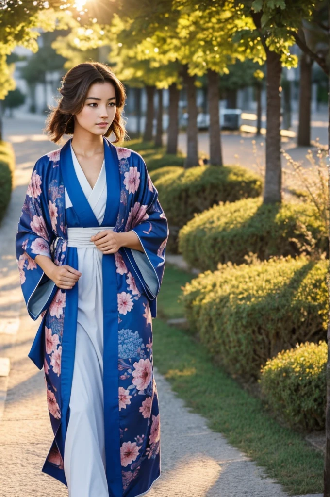 Jeune femme brune chignons ueux bleu kimono accroupi bord fenetre soleil couchant 