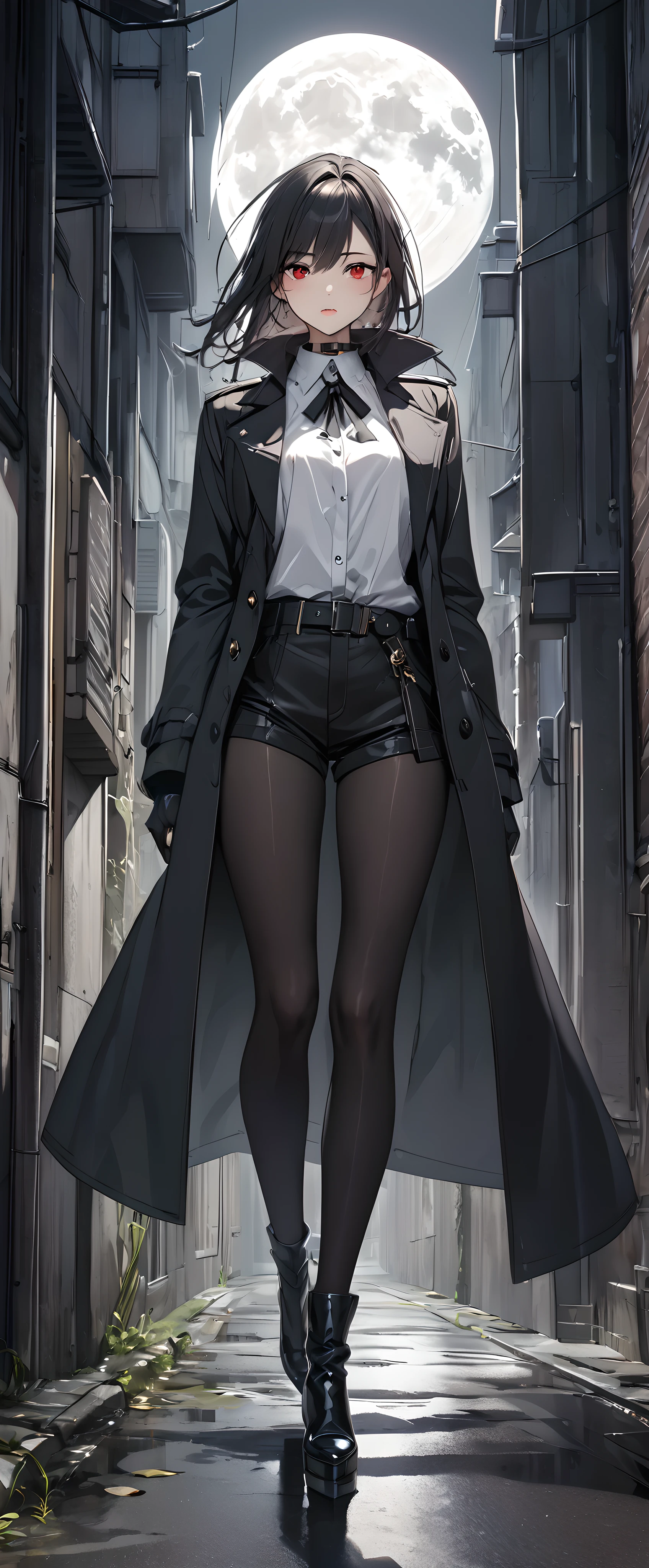 Clear, crisp art, Professional spray work,  Detailed and intricate brushwork, Detailed and clear depiction, Anatomically correct, Absurd aesthetics, Minimalism, 
BREAK A woman in a white blouse and shorts, one person, wide open collar, Strict pants style, Put on a men&#39;s trench coat,
BREAK Emphasizing loneliness, Clear and vivid, A charming black trench coat, A bold and powerful composition, 
BREAK Detailed and complex texture, Luxurious wool texture, very fine-grained, 
BREAK Height:170cm, body weight:49㎏, breasts 82cm, waist 59cm, hip 84cm, vital statistics, 
BREAK Facial expressions drawn by a professional illustrator, Sharp thin lines, 
Seductive red eyes, Strong and fleeting, (Aesthetic and transparent:1.5), (Glossy feel:1.5), 
BREAK Close the collar with your own hands, Lonely and aesthetic woman, Fresh and firm skin, stylish, cool, Put on a men&#39;s trench coat, 
BREAK Chilly Early Morning, The moon is still out, Wabi-sabi back alleys, dramatic, 
BREAK Strong vigilance, Be cautious of your surroundings, nervous, Keeping an eye on your surroundings, 
BREAK A dark background that makes the subject stand out, 
BREAK dramatic movie lighting, 
(Dynamic wide full body shot:1.4, ankle in of frame), 
BREAK Highest Quality Rendering, Highest quality, Highest Resolution, 