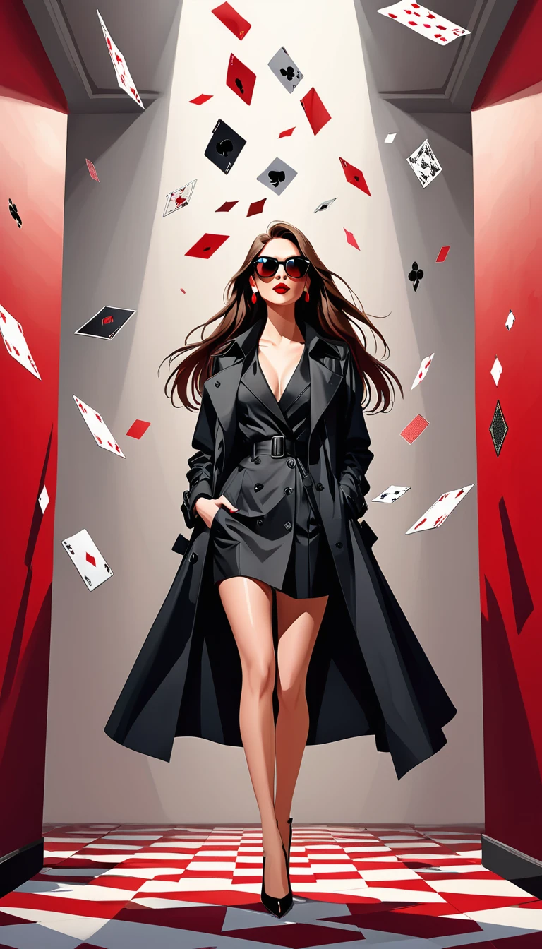 (((Cards floating in the air,Poker:1.5))).Simple vector illustration,Beautiful girl standing against the wall,Delicate red lips,unique,confidence,Long straight hair,sunglasses,Exaggerated earrings,unique,Staring at the audience),((Black deep V trench coat:1.37,Red bottoming skirt))。Looking from the bottom up,Geometric Light and Shadow,Clean and simple red background,watch
