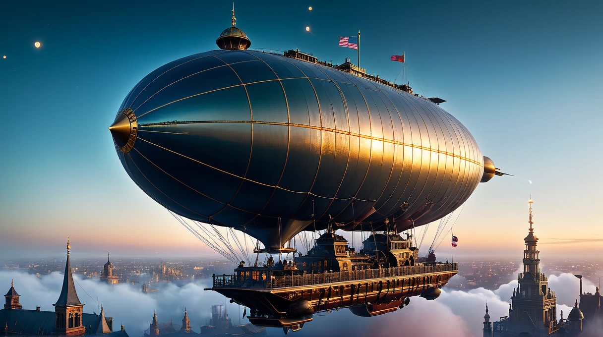 masterpiece, high quality, Clear images, Complex details, Beeple Style, Steampunk Armored Reflex Zeppelin The Order 1886, A motorized balloon spits out a large tower of tiny glass objects, Complex steampunk city, Industrial smoke and vash in the air, evening, Powerful headlights, mist, Colorful nebula galaxy sky, 24mm, 4k Texture, Soft cinematic light, Adobe Lightroom, Photo Lab, High resolution, Complex, elegant, Very detailed, Sharp focus, ((((Cinematic look)))), Calm tone, Insane Details, Complex details, Ultra-detailed, Low contrast, Soft cinematic light, Exposure Blending, High resolution, Faded,