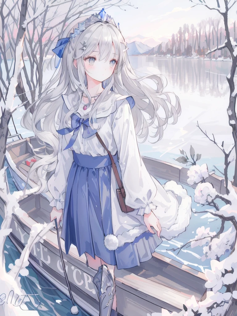 (Masterpiece), (Best Quality), (1 Girl)), Amazing, Beautiful Detail Eyes, Fine Detail, Depth of Field, Original, ((Best Quality)), ((Super Detailed)), (Best Illustration), (Best Lighting, Best Shadow), (Very Delicate and Beautiful)), Very Detailed Wallpaper, Dream Background, From Above, Landscape, Young Girl, Lori, Full Body, Long White Hair, (((Gray Eyes)), Beautiful Detail Eyes, Medium Breasts, (((Cobalt Long Skirt)), Fluffy Long Sleeves, hair accessory, necklace, winter, light, light makeup, outdoors, blush, by the lake, looking into the distance, on a wooden boat, windblown and floating