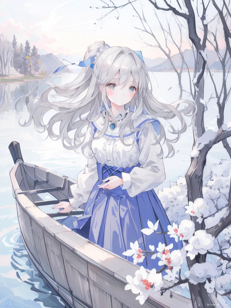 (Masterpiece), (Best Quality), (1 Girl)), Amazing, Beautiful Detail Eyes, Fine Detail, Depth of Field, Original, ((Best Quality)), ((Super Detailed)), (Best Illustration), (Best Lighting, Best Shadow), (Very Delicate and Beautiful)), Very Detailed Wallpaper, Dream Background, From Above, Landscape, Young Girl, Lori, Full Body, Long White Hair, (((Gray Eyes)), Beautiful Detail Eyes, Medium Breasts, (((Cobalt Long Skirt)), Fluffy Long Sleeves, hair accessory, necklace, winter, light, light makeup, outdoors, blush, by the lake, looking into the distance, on a wooden boat, windblown and floating