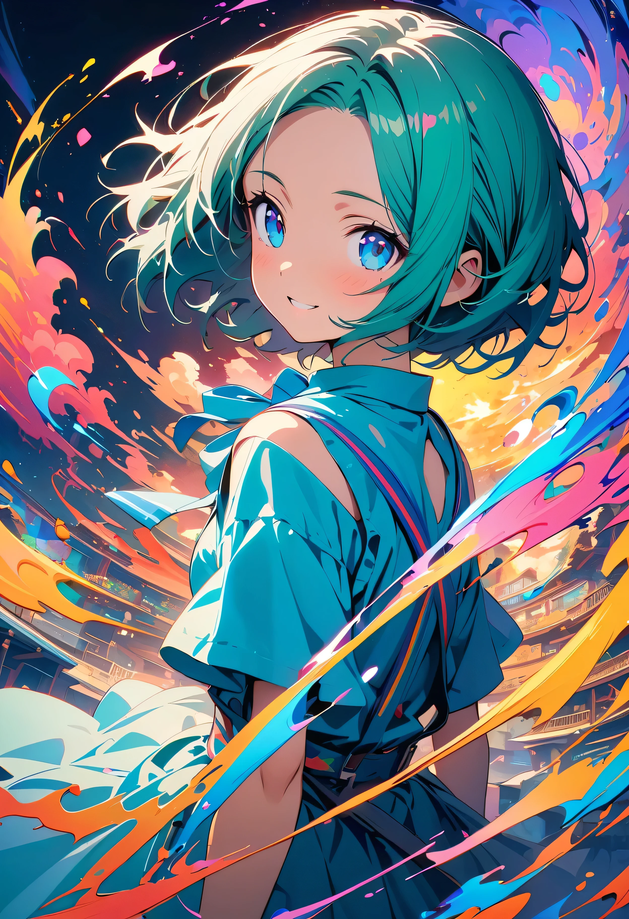 (masterpiece, Highest quality, Official Art:1.2), (colorful), Perfect Anatomy, Looking at the audience,One Girl, alone, floating colorful water, Ultra-fine illustrations, Highly Details, Dynamic Angle, Beautiful detailed, 8K, 壊す smiling amidst the colorful scenes, (High resolution), Anime Style, (Fractal Art:1.1), 12 years old, Center parted short bob, hair between eyes, forehead