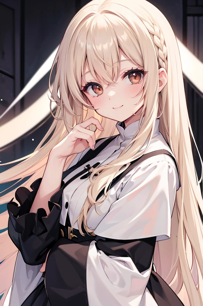 Sister Claire,Cream colored hair,Long Hair,Brown eyes,Smiling,Viewer&#39;s perspective,Black clothes,Plump,Medium chest,Big thighs,masterpiece,high resolution