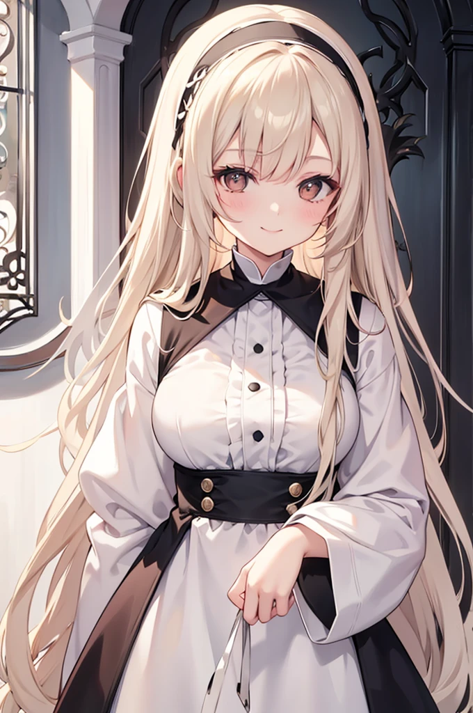 Sister Claire,Cream colored hair,Long Hair,Brown eyes,Smiling,Viewer&#39;s perspective,Black clothes,Plump,Medium chest,Big thighs,masterpiece,high resolution