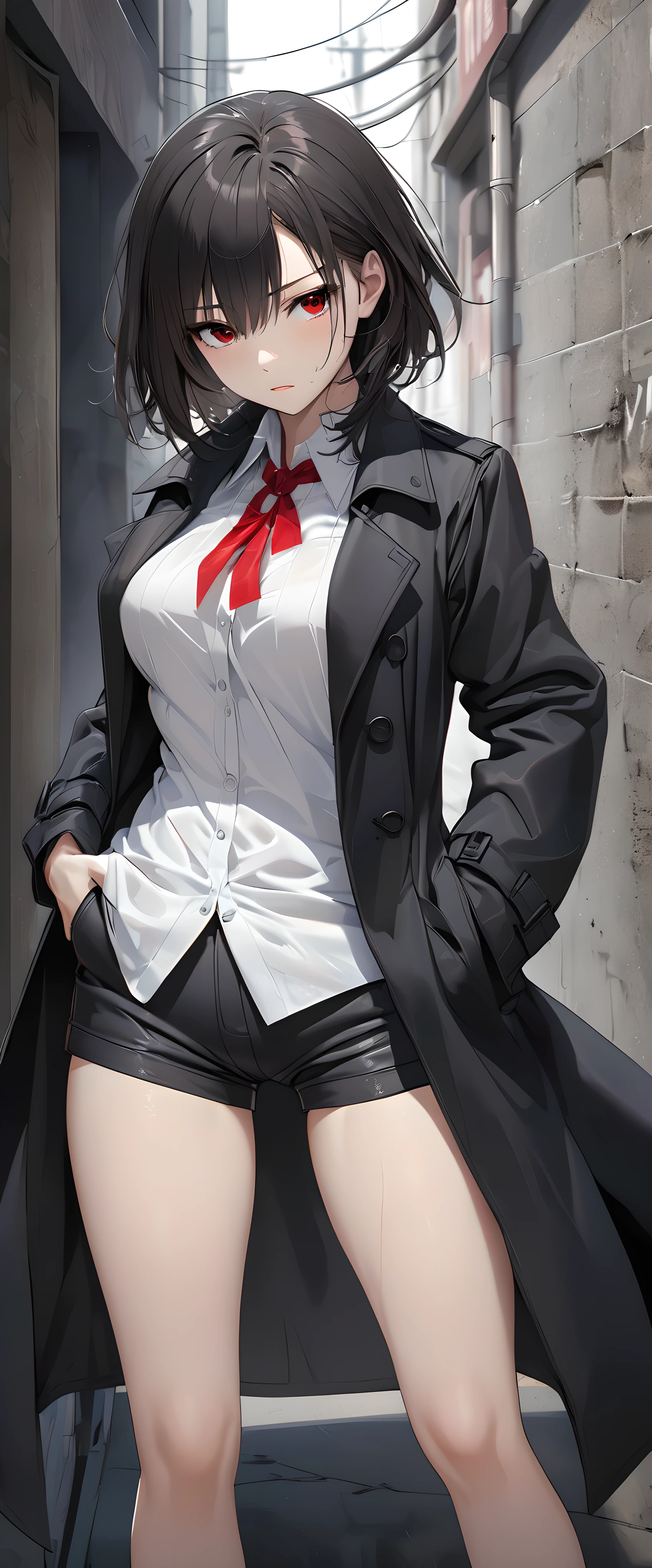 theme:Black trench coat, 
Professional spray work,  Detailed and intricate brushwork, Detailed and clear depiction, Anatomically correct, Absurd aesthetics, Minimalism, Clear, crisp art, perfection, 
BREAK A woman in a white blouse and shorts, one person, wide open collar, Strict and tight pants style, Put on a men&#39;s trench coat,
BREAK Emphasizing loneliness, Clear and vivid, Attractive Black Trench Coat, A bold and powerful composition, 
BREAK Detailed and complex texture, Luxurious wool texture, very fine-grained, ((Shallow shorts above the crotch)), 
BREAK Height:170cm, body weight:49㎏, breasts 82cm, waist 59cm, hip 84cm, vital statistics, 
BREAK Facial expressions drawn by a professional illustrator, Sharp thin lines, 
Seductive red eyes, Strong and fleeting, (Aesthetic and transparent:1.5), (Glossy feel:1.5), 
BREAK Close the collar with your own hands, Lonely and aesthetic woman, Fresh and firm skin, stylish, cool, Put on a men&#39;s trench coat, 
BREAK Chilly Early Morning, The moon is still out, Wabi-sabi back alleys, dramatic, 
BREAK Strong vigilance, Be cautious of your surroundings, nervous, Keeping an eye on your surroundings, 
BREAK A dark background that makes the subject stand out, 
BREAK A woman straightening the collar of her aesthetic coat, Dramatic cinema lighting, 
(Dynamic wide full body shot:1.2, ankle in of frame), 
BREAK Highest Quality Rendering, Highest quality, Highest Resolution, 