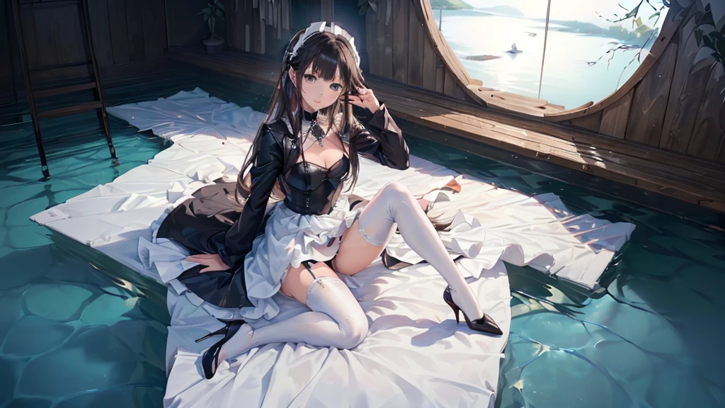 ((Biologically correct limb count))、(( From head to toe、Full-body photo including face))、4K、((Standing position))、masterpiece、((Focus on the face))、((Symmetrical facial features))、Eyes with detailed description、Beautiful woman、Great style、Beautiful arms、Beautiful legs、Beautiful Hands、(Small Ass、Thin thighs)、Facial detailing、Small earrings、necklace、(black latex wedding dress、((High heels、White garter stockings)))、Black Hair、((Alluring))、Walking with my head up、(Moonlit Lake Surface、Sit on the water)、Panty shot