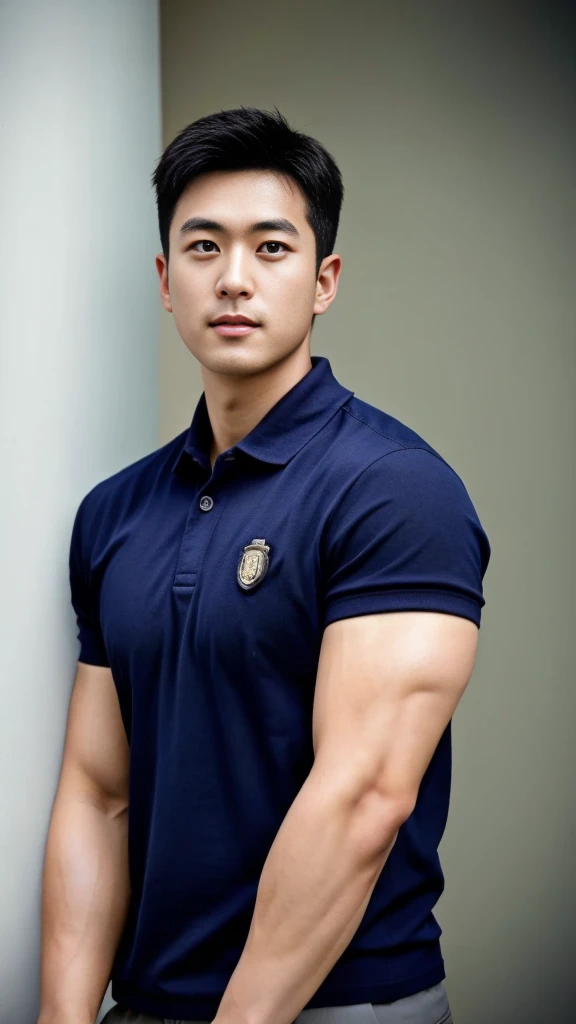 A male police officer in his 20s poses for a group photo....., Wear a navy blue polo shirt......................., high resolution, Masterpiece, best quality, head:1.3,((Hasselblad photos)), Smooth and fine skin, clear focus, (movie light), during the night, gentle light, Dynamic angle, [:(detailed face:1.2):0.2],(((exercise))), sport, His arm muscles were very big.........., hand in crotch.