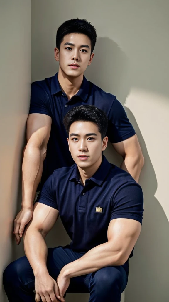 A male police officer in his 20s poses for a group photo....., Wear a navy blue polo shirt......................., high resolution, Masterpiece, best quality, head:1.3,((Hasselblad photos)), Smooth and fine skin, clear focus, (movie light), during the night, gentle light, Dynamic angle, [:(detailed face:1.2):0.2],(((exercise))), sport, His arm muscles were very big.........., hand in crotch.