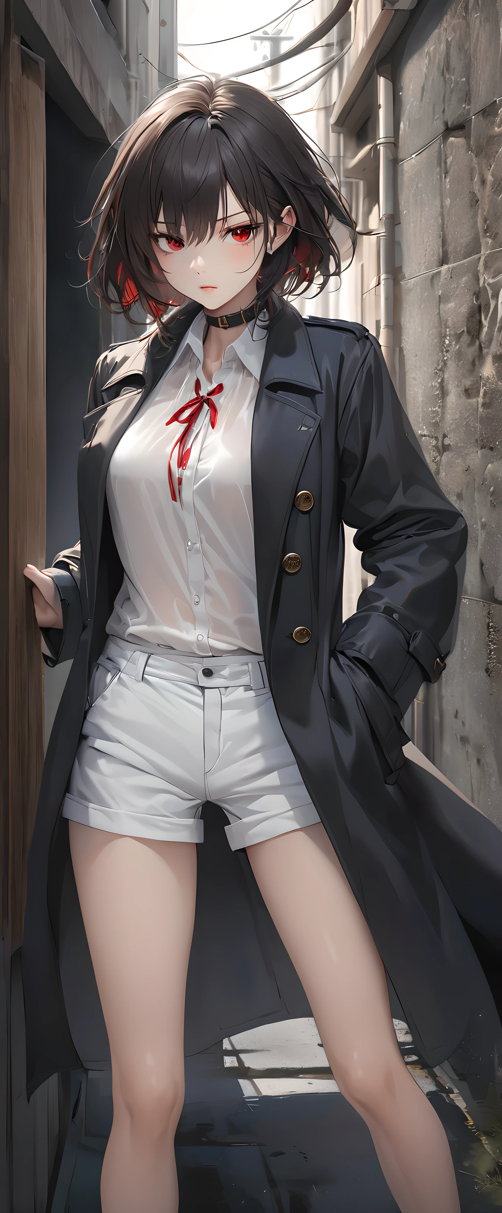 Clear, crisp art, Professional spray work, Detailed and intricate brushwork, Detailed and clear depiction, Anatomically correct, Absurd aesthetics, Minimalism,
BREAK A woman in a white blouse and shorts, one person, wide open collar, Strict pants style, Put on a men's trench coat,
BREAK Emphasizing loneliness, Clear and vivid, A charming black trench coat, A bold and powerful composition,
BREAK Detailed and complex texture, Luxurious wool texture, very fine-grained,
BREAK Height:170cm, body weight:49㎏, breasts 82cm, waist 59cm, hip 84cm, vital statistics,
BREAK Facial expressions drawn by a professional illustrator, Sharp thin lines,
Seductive red eyes, Strong and fleeting, (Aesthetic and transparent:1.5), (Glossy feel:1.5),
BREAK Close the collar with your own hands, Lonely and aesthetic woman, Fresh and firm skin, stylish, cool, Put on a men's trench coat,
BREAK Chilly Early Morning, The moon is still out, Wabi-sabi back alleys, dramatic,
BREAK Strong vigilance, Be cautious of your surroundings, nervous, Keeping an eye on your surroundings,
BREAK A dark background that makes the subject stand out,
BREAK dramatic movie lighting,
(Dynamic wide full body shot:1.4, ankle in of frame),
BREAK Highest Quality Rendering, Highest quality, Highest Resolution,