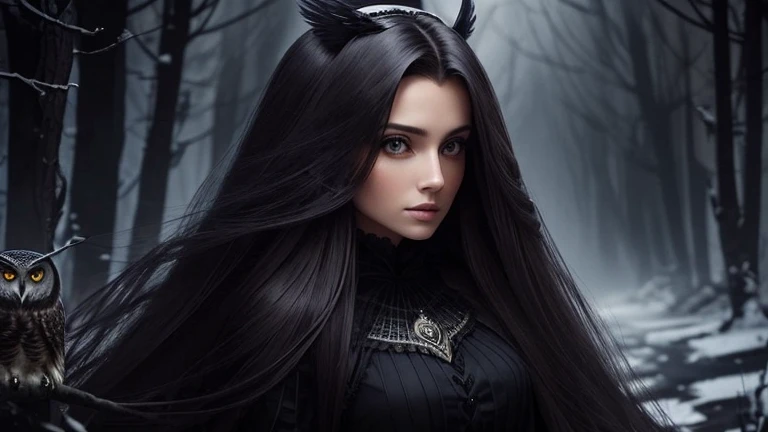 Beautiful woman with perfect face and body, long hair Gottka dressed like a queen in black. She is near a wonderful Owl Owl.  nice dark place.