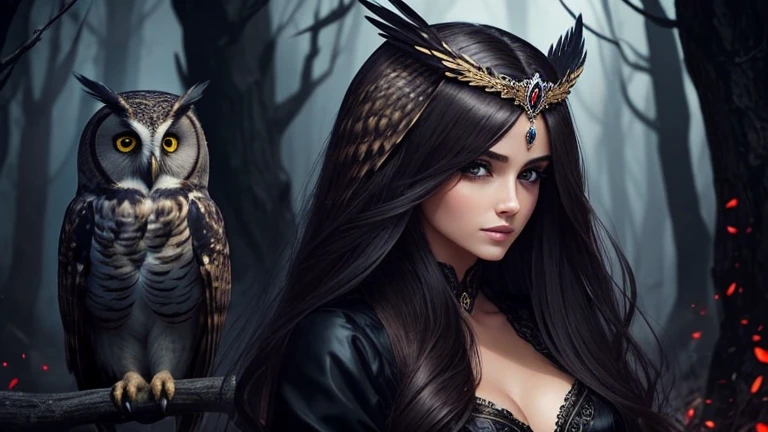 Beautiful woman with perfect face and body, long hair Gottka dressed like a queen in black. She is near a wonderful Owl Owl. nice dark place.