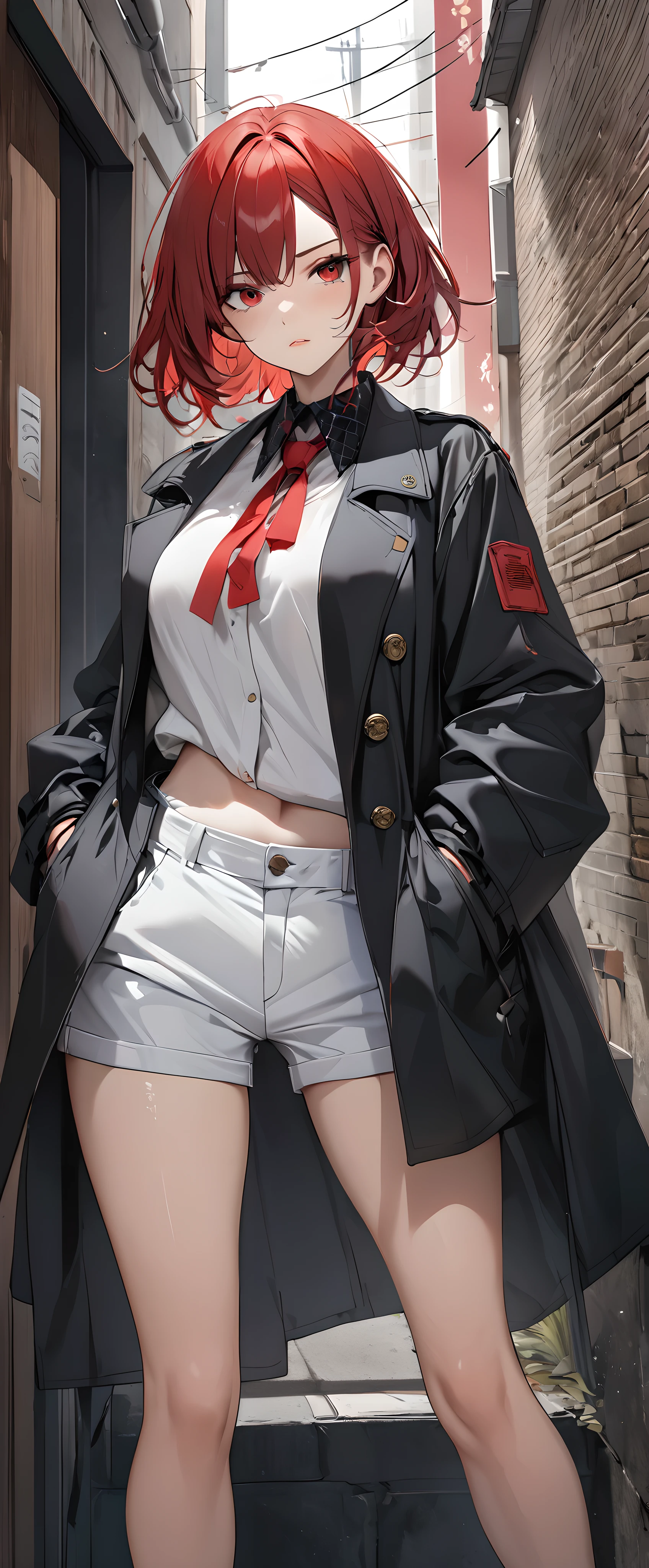 Clear, crisp art, Professional spray work, Detailed and intricate brushwork, Detailed and clear depiction, Anatomically correct, Absurd aesthetics, Minimalism,
BREAK A woman in a white blouse and shorts, one person, wide open collar, Strict pants style, Put on a men's trench coat,
BREAK Emphasizing loneliness, Clear and vivid, A charming black trench coat, A bold and powerful composition,
BREAK Detailed and complex texture, Luxurious wool texture, very fine-grained,
BREAK Height:170cm, body weight:49㎏, breasts 82cm, waist 59cm, hip 84cm, vital statistics,
BREAK Facial expressions drawn by a professional illustrator, Sharp thin lines,
Seductive red eyes, Strong and fleeting, (Aesthetic and transparent:1.5), (Glossy feel:1.5),
BREAK Close the collar with your own hands, Lonely and aesthetic woman, Fresh and firm skin, stylish, cool, Put on a men's trench coat,
BREAK Chilly Early Morning, The moon is still out, Wabi-sabi back alleys, dramatic,
BREAK Strong vigilance, Be cautious of your surroundings, nervous, Keeping an eye on your surroundings,
BREAK A dark background that makes the subject stand out,
BREAK dramatic movie lighting,
(Dynamic wide full body shot:1.4, ankle in of frame),
BREAK Highest Quality Rendering, Highest quality, Highest Resolution,