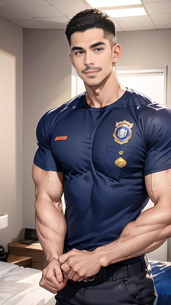 (handsome Man),(Thin mustache:1.1),(crew cut short hair:1.5),black eye,
(navy blue tight-fitting round neck short sleeve T-shirt:1.3),(Police badge:1.3),navy blue cargo pants,(navy_gloves:1,3),
Korean guy,chest muscles,large arm muscles,blood vessel,Big muscles,Broad shoulders,(open mouth:1.2),(face up:1.2),(open eyes:1.5),middle of the road,smile,(bedroom:1.4) 