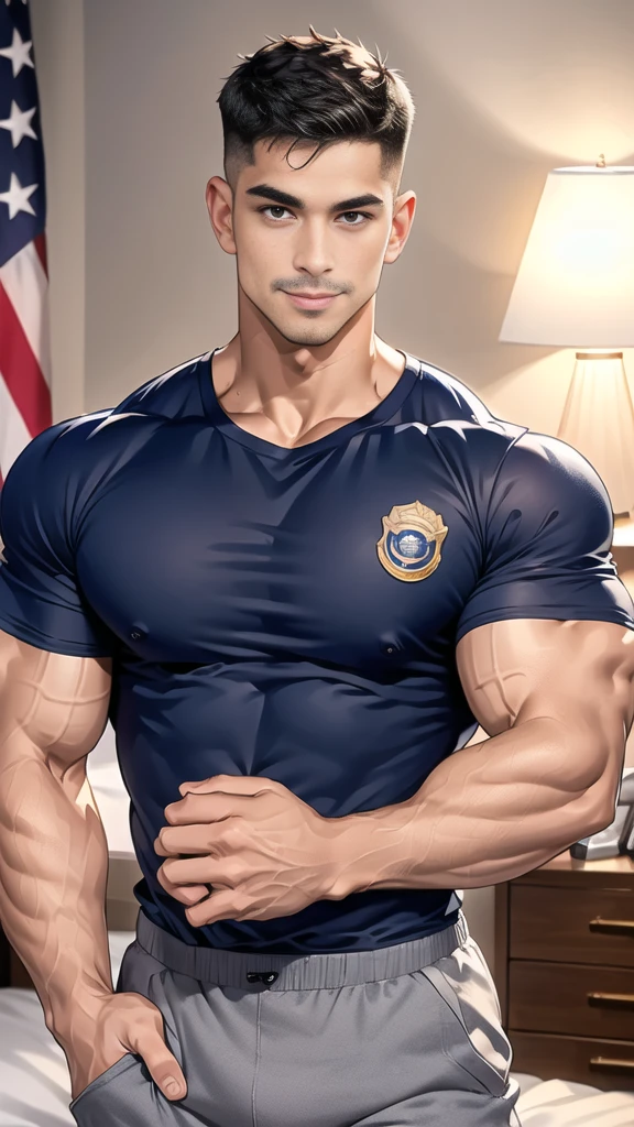 (handsome Man),(Thin mustache:1.1),(crew cut short hair:1.5),black eye,
(navy blue tight-fitting round neck short sleeve T-shirt:1.3),(Police badge:1.3),navy blue cargo pants,(navy_gloves:1,3),
Korean guy,chest muscles,large arm muscles,blood vessel,Big muscles,Broad shoulders,(open mouth:1.2),(face up:1.2),(open eyes:1.5),middle of the road,smile,(bedroom:1.4)