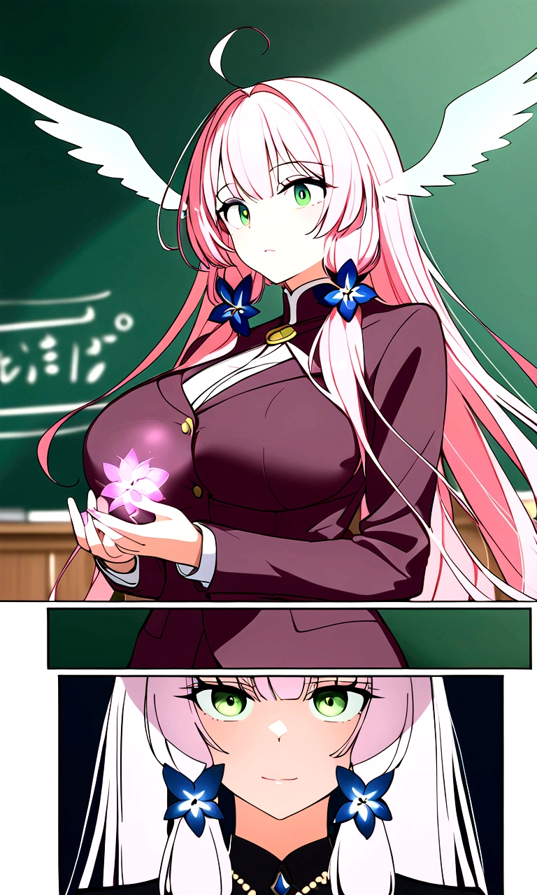 private teacher、Big Breasts、Pink Hair、Long Hair、Straight Hair、Ahoge、kind、Green Eyes、Droopy eyes