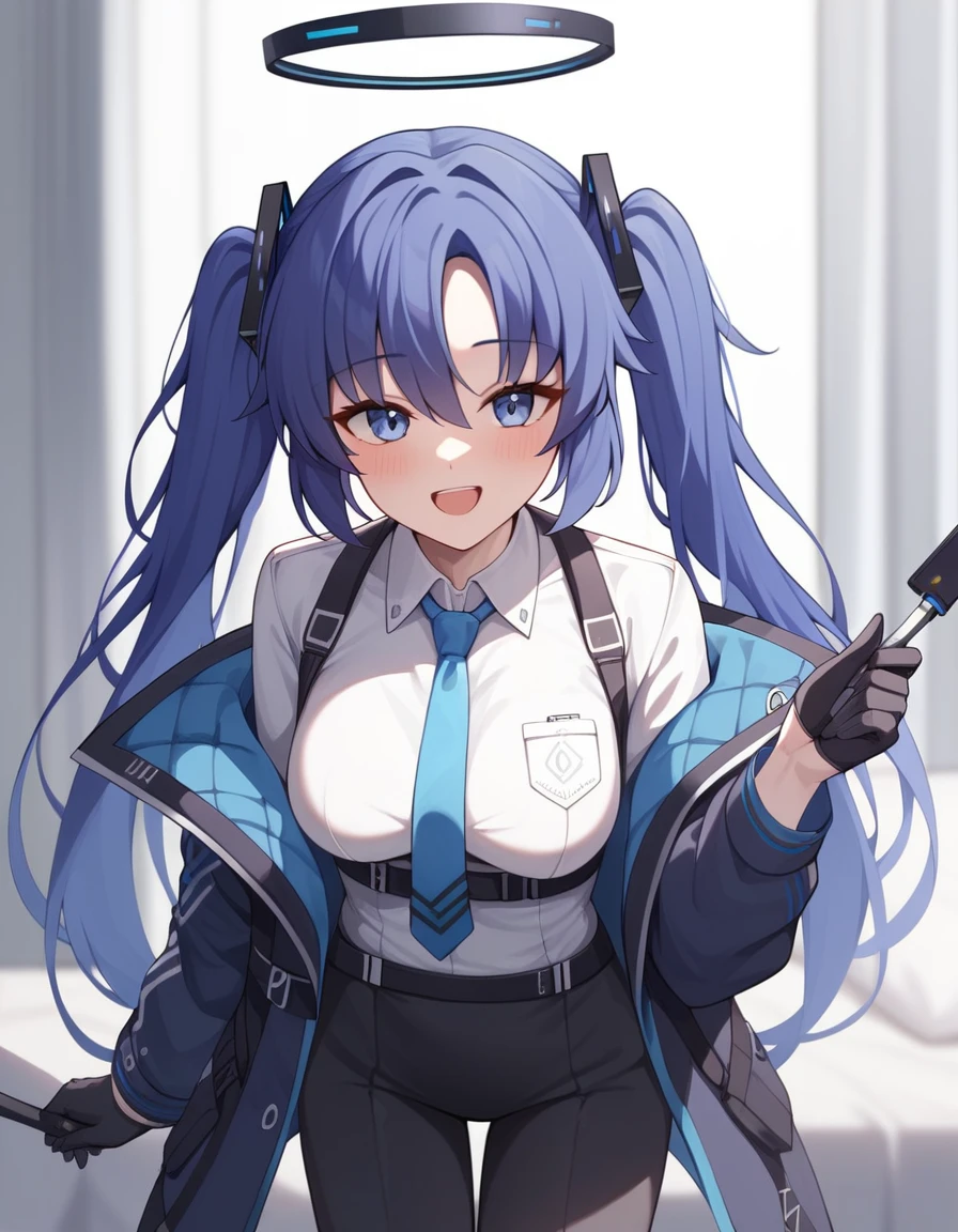 (leaning forward), (((5finger))), ((hotel room)), 1girl, yuuka \(blue archive\), blue archive, uniform, gloves, mechanical halo, upper body, white background, Hugh breasts, halo, looking at viewer, breasts, blue hair, blue necktie, jacket, long hair, shirt, necktie, blue eyes, blush, hair ornament, smile, white shirt, dark blue hair, black gloves, holding, open mouth, open clothes, half twintails, solo, hair between eyes, open jacket, very aesthetic, masterpiece, best quality, absurdres, sensitive,
