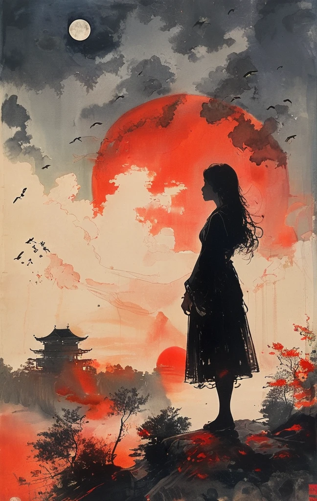 On a bright red campus"YES"Character、masterpiece, best quality, night, hill, clouds, full moon, long hair, woman, silhouette, fireflies