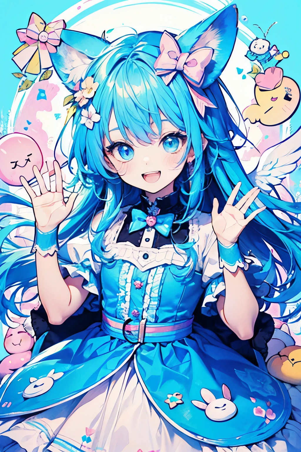 chibi character,Rabbit motif,(brush),((cute,kawaii,wonderland)),((pastel color)),((Cute assortment)),(Shy laugh),Shiny darkblue hair,(Rainbow),((Angel:1.2)),((Raise both hands up in the air and cheer:1.1)).