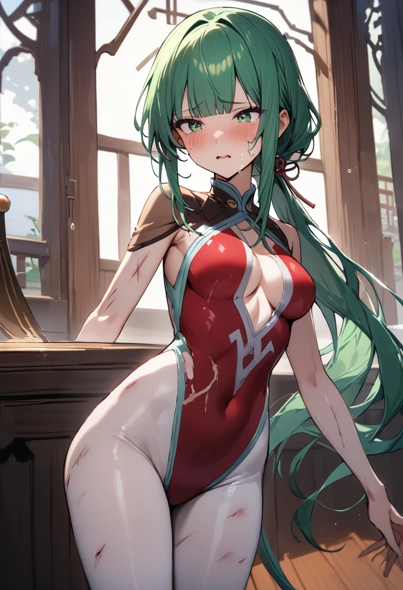 ((masterpiece,Highest quality:1.3)),cowboy shot,1woman、30-year-old beautiful detective、独奏,(very small head:1.3),green hair,(low ponytail),long hair,blunt bangs,green eyes,gorgeous eyes,tears、suffer,medium breasts,(very long body:1.2),(toned body,slender body,skinny),gleaming skin,shiny skin,oily skin,(Injury:1.4,A high voltage current flows through the woman&#39;s body.:1.5,Torture with electric current:1.5),topless,nipples,navel、vagina,bottomless,White sneakers、sitting,spread legs,(Mechanical tentacles restrain female investigator:1.5)、Inside an abandoned building、rubble、World of Blade Runner、nsfw,