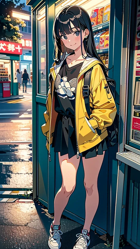 (8K, RAW Photos, 最high quality, masterpiece:1.2), high qualityのRAWカラー写真, Professional photo shoot, Cinematic Light, alone, (((young woman, Gal))), (Sharp features), (Small face), (Skin with attention to detail:1.2), clavicle, Cute face, Beautiful appearance, Long eyelashes,Girl Turning Around, smile, (Black Hair, Long straight line), high student, Jersey, Shorts, sneakers, Backpack, Night Park, Confident attitude, Capture the happy moment, Artistic painting,Attractive thighs, (A very fine touch:1.2), (はにかんだsmile), Peaceful atmosphere, Oil painting style, Bright colors, (Are standing:1.5, Inside a convenience store, Full body portrait), Smooth texture, Gazing Eyes, Beautiful Skin, Shiny skin, ((Perfect Fingers, Five Fingers, Anatomically correct)), Background Blur, high quality, Surreal, ((Very detailed, photo shoot)),A large number of people、blush、plump